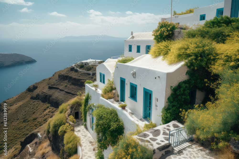 Mediterranean style white elegant house exterior with sea view, blue ...