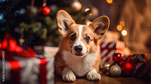 The dog celebrates Christmas at home  in the apartment  against the background of a Christmas tree with boxes of gifts. December 31 generated ai.