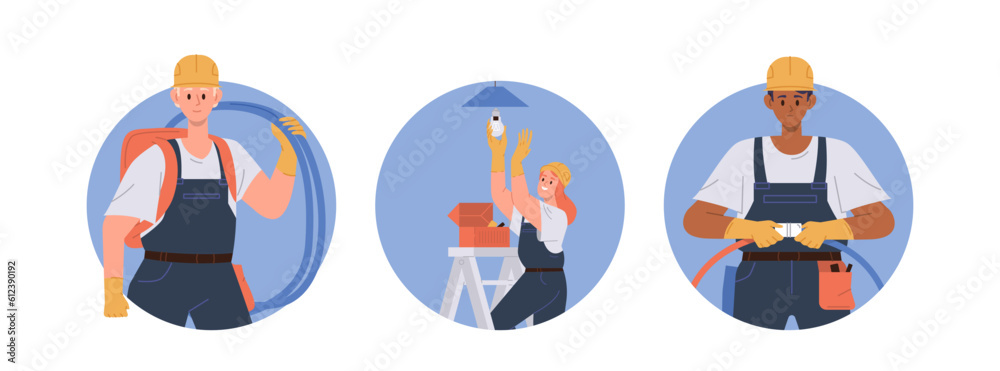 Set of round composition with electricians and installers working on electric equipment using tools Set of round composition with electricians and installers working on electric equipment using tools