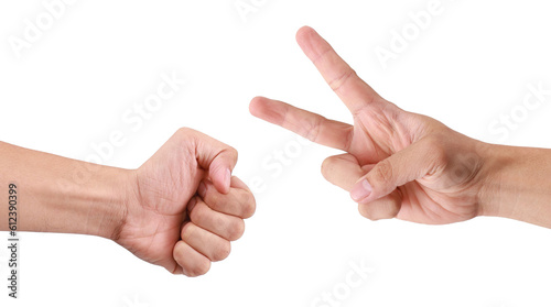 Hand clenched with two fingers raised. play rock-paper-scissors on white background.