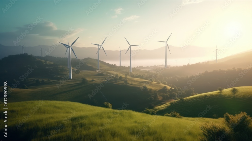 Wind turbines on the green hills against the colorful sunset sky. Production of renewable green energy. Sustainable development concept. Mock up, 3D rendering. Generative AI Wind turbines on the green hills against the colorful sunset sky. Production of renewable green energy. Sustainable development concept. Mock up, 3D rendering. Generative AI