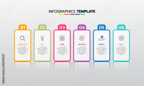 Business infographic template process with simple geometry square, rectangle, circle, triangle, curves in flat design template with thin line icons and 6 options or steps. Vector illustration.