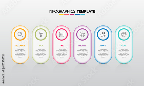 Business infographic template process with simple geometry square, rectangle, circle, triangle, curves in flat design template with thin line icons and 6 options or steps. Vector illustration.