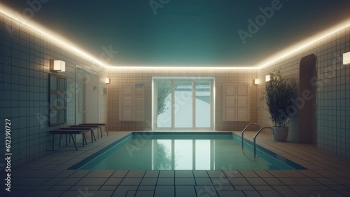 Indoor swimming pool in a luxury modern home. White tiled walls and floor  contour lighting of the ceiling  wooden deck chairs  plant in a floor pot  floor-to-ceiling window with garden Generative AI