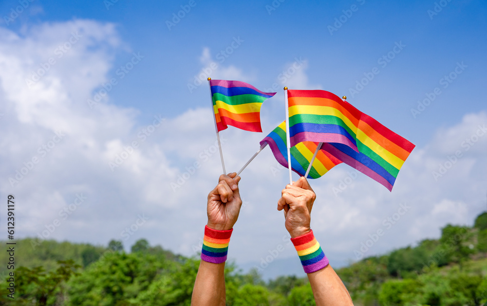 people hand holding lgbt colorful rainbow gay flag background blue sky on summer,concept of lgbtq diversity genders love,activist,rights,protest,movement parade,celebrate,festival, happy pride month
