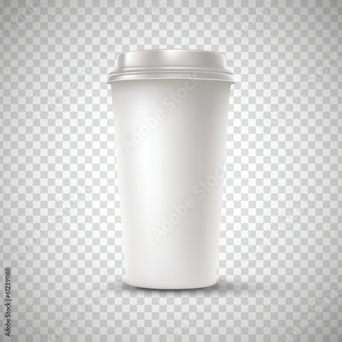 Vector realistic 3d paper coffee cup icon set closeup on transparency grid background. Design template for graphics, mockup. Front view