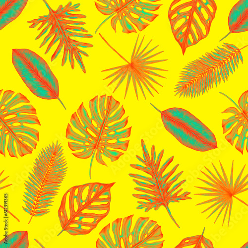 Watercolor seamless pattern with tropical leaves. Beautiful allover print with hand drawn exotic plants. Swimwear botanical design. 