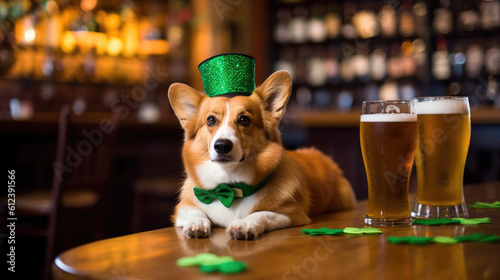 The dog celebrates St. Patrick's Day, an Irish holiday in March, a green hat, generated ai.