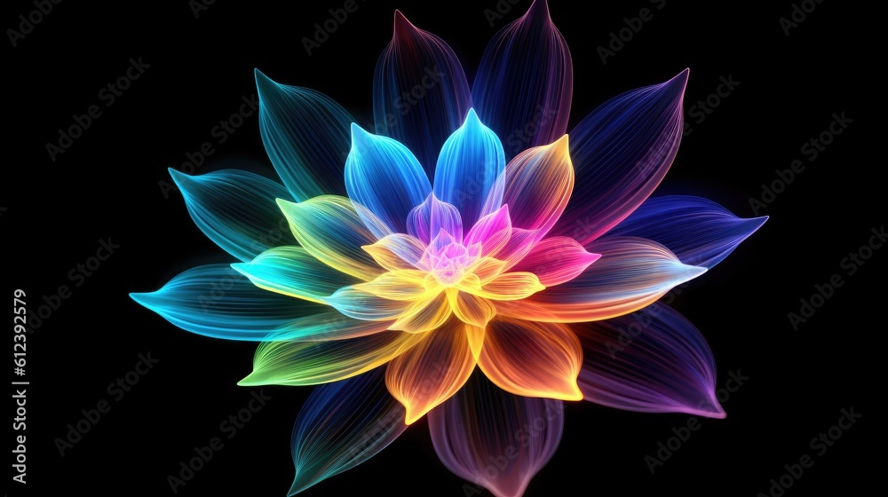 Multicolor neon light drawing, abstract shape flowers isolated on black background. Glowing line art. The Illumination of vibrant radiance of neon flower, Generative AI illustration