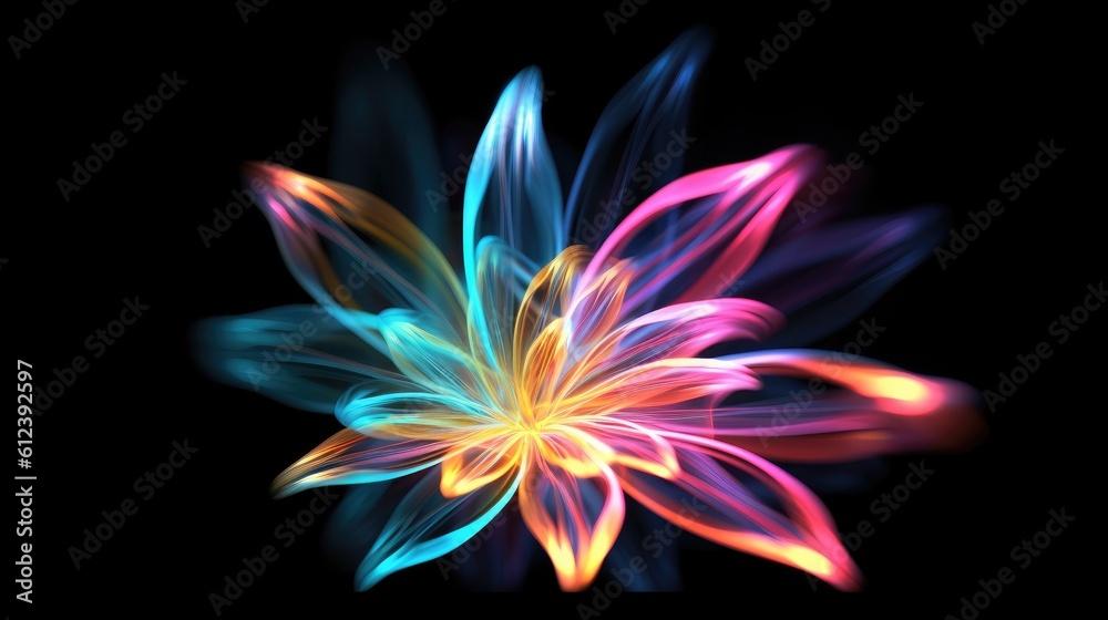 Multicolor neon light drawing, abstract shape flowers isolated on black background. Glowing line art. The Illumination of vibrant radiance of neon flower, Generative AI illustration Multicolor neon light drawing, abstract shape flowers isolated on black background. Glowing line art. The Illumination of vibrant radiance of neon flower, Generative AI illustration