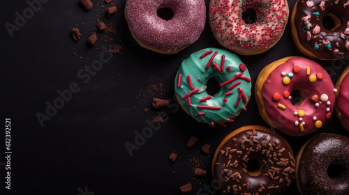 Delicious glazed donuts background, sweet concept backdrop 