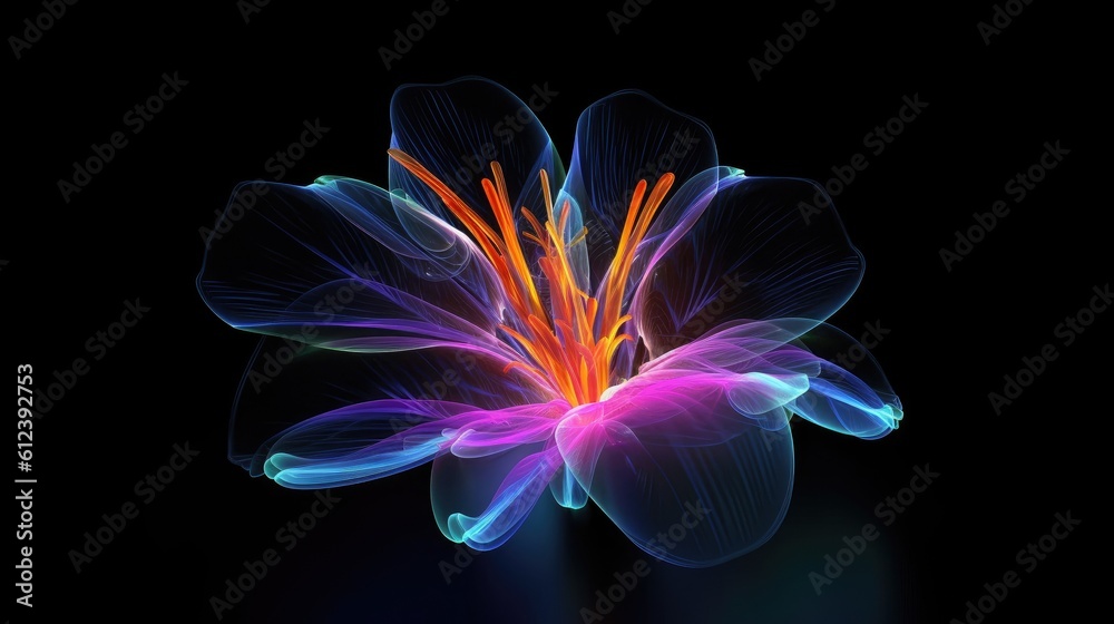 Obraz premium Multicolor neon light drawing, abstract shape flowers isolated on black background. Glowing line art. The Illumination of vibrant radiance of neon flower, Generative AI illustration