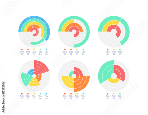 Concentric circle infographic chart design template set. Market analysis. Business sectors. Visual data presentation. Editable circular diagrams collection. Myriad Pro-Bold, Regular fonts used