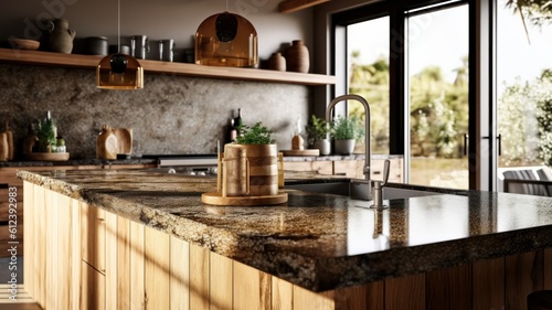 Fragment of a modern kitchen in a luxury home. Quartz countertops, natural wood cabinets, open shelves, kitchen appliances, table decor, beautiful garden view from the window. Generative AI