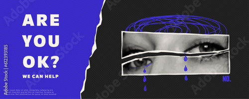 Mental health conception. Banner for social media and website. Halftone collage elements. Vector design.