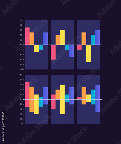 Ups and downs infographic chart design template set for dark theme. Positive and negative results. Visual data presentation. Editable bar graphs collection. Myriad Pro-Bold, Regular fonts used