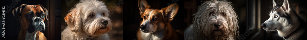 Banner with five images of dogs, pets, Bolognese and Boxer, Husky and Komondor, Welsh Corgi, generative ai Banner with five images of dogs, pets, Bolognese and Boxer, Husky and Komondor, Welsh Corgi, generative ai