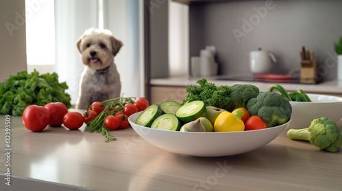 Dog and vegetables, healthy vegetarian food, lifestyle. Kitchen generated ai.