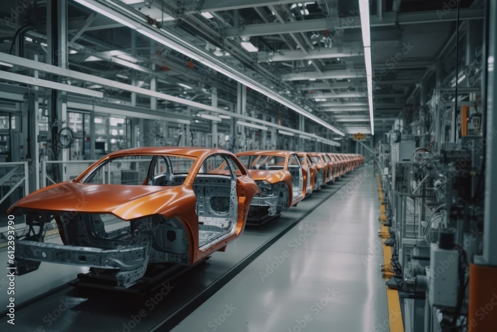 Robotic conveyor line for car assembly. Modern workshop with automated equipment. Mechanical assembly of car bodies. Automated production of cars at the factory, complete replacement for Generative AI