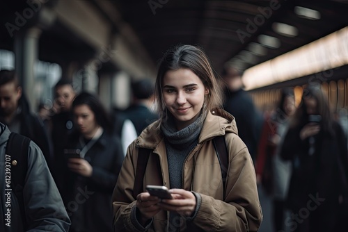 Young woman using a mobile phone on the metro. AI generative