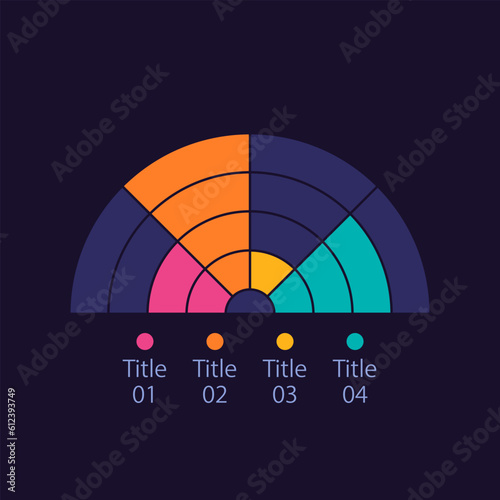Semi circle infographic diagram design element for dark theme. Four parts. Categories pies. Editable circular infochart with sectors. Visual data presentation. Myriad Pro-Bold, Regular fonts used