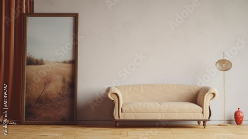 The vintage and antique interior design of beige tone color living room with golden big picture frames on the wall. Generative AI AIG27.