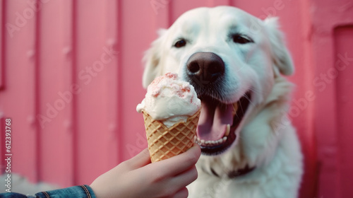 dog and cold sweet ice cream, summer vacation, travel, cooling. generated ai.