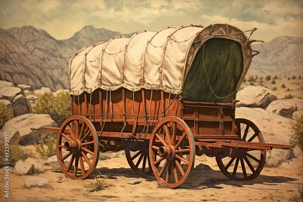 Vintage Covered Wagon Hauling Goods on the Historic Frontier with Cowboy in Canvas and Bluff Background: Generative AI