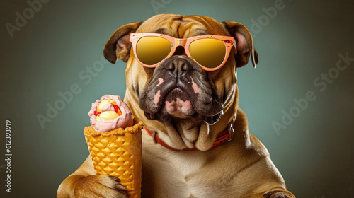dog and cold sweet ice cream, summer vacation, travel, cooling. French Bulldog generated ai.