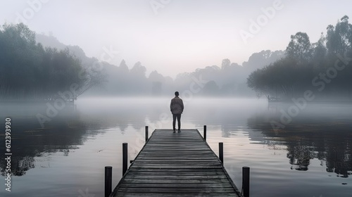 Leinwand Poster Pensive Man Standing Alone on Wooden Footbridge, Staring at Lake