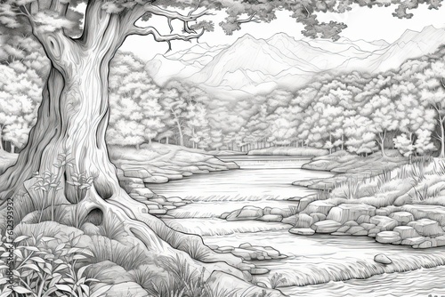 Nature Coloring Page: Beautiful Landscape Illustration with Trees, River and Vignetting Artistic Outline for Relaxing Coloring Experience: Generative AI
