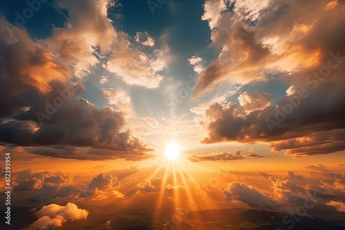Sun Shining Through Clouds over a Beautiful Scenic Sunset Sky. Stunning Background with Rays of Sunbeam and Sunshine in Air: Generative AI © AIGen