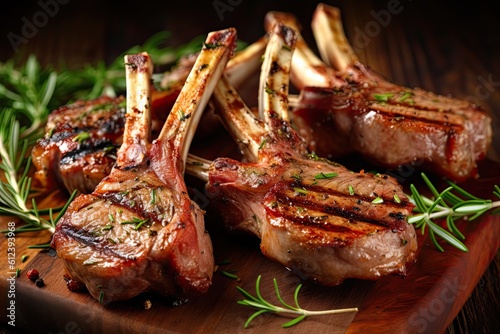 Vászonkép Sizzling Organic Grilled Lamb Chops - Delicious Bar-B-Q Cutlets Cooked to Perfec