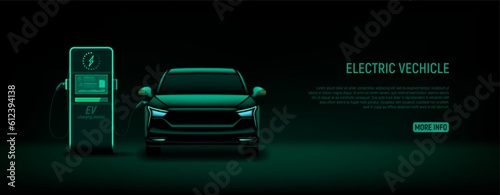 Banner with EV car at charging station. Vector illustration with green silhouette of electric car and charging station. Eco-friendly sustainable energy concept. Banner with modern hybrid auto.