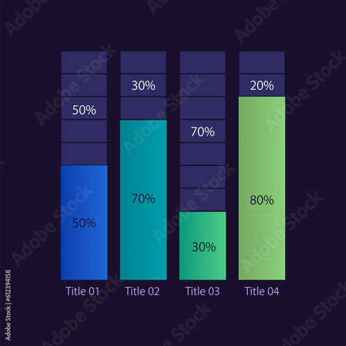 Stacked column infographic chart design template for dark theme. Percentage division. Compare values. Infochart with vertical bar graphs. Visual data presentation. Myriad Pro-Bold, Regular fonts used