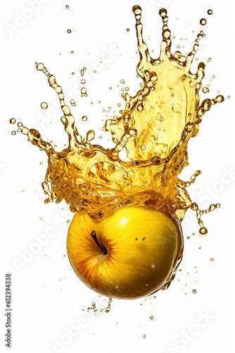 Fresh yellow apple with vivid juice and water splashes isolated on white background, generative AI

