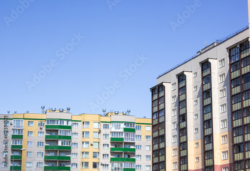 Architectural design of apartment buildings. External view of a new building, residential building, apartments. Modern houses, apartments.Facade of a high-rise apartment