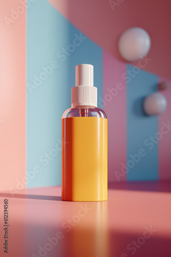 product photography illustration of a cosmetic beauty perfume serum bottle mock-up in a whimsical pastel setting with botanical elements - ai generative art