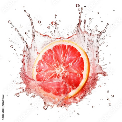  Fresh grapefruit with vivid juice and water splashes isolated on white background, generative AI