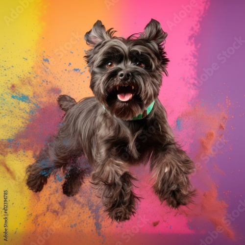 A cheerful playful dog jumps up among the colors of Holi, Affenpinscher on a bright multi-colored background, generative ai
