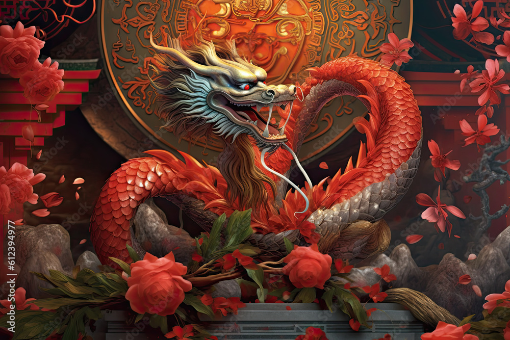 Obraz premium Chinese dragon new year background. Illustration AI Generative.