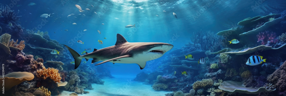 Fototapeta premium Coral reef landscape and tiger shark. Illustration AI Generative.