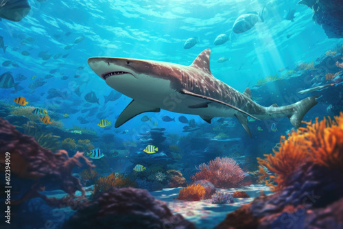 Coral reef landscape and tiger shark. Illustration AI Generative. © olegganko