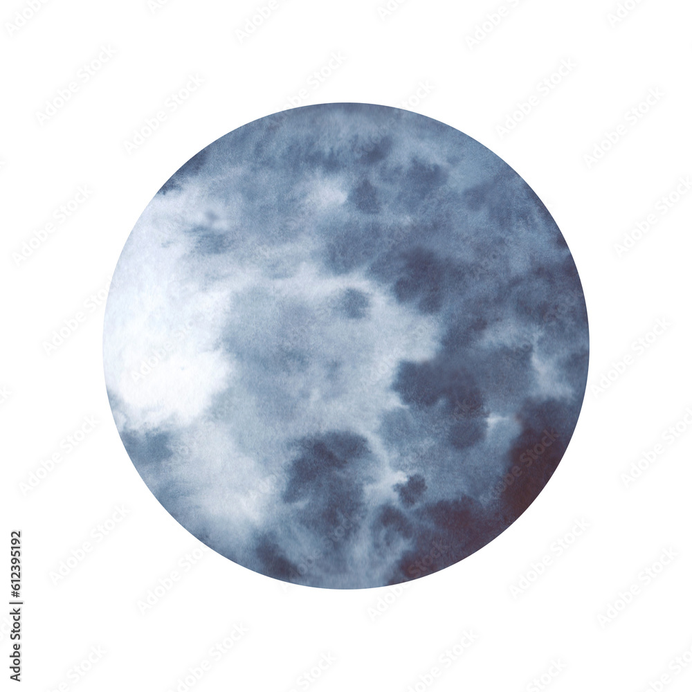 Obraz premium Watercolor, abstract planet, moon, circle, spot dark blue, indigo, gray with gradient, isolated on white background. Drawn by hand. For decoration, as a design element, a geometric figure.