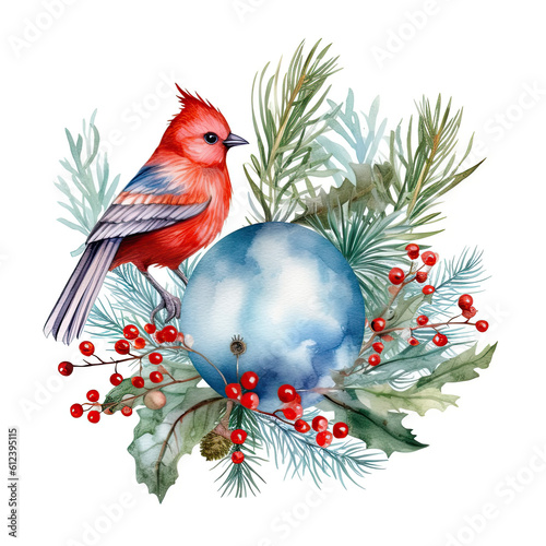 Watercolor Christmas tree toy bird and holly jolly branches. Illustration AI ...