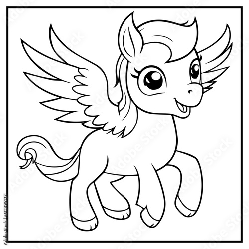 Cute Unicorn Coloring Book Page Cartoon Ilustration