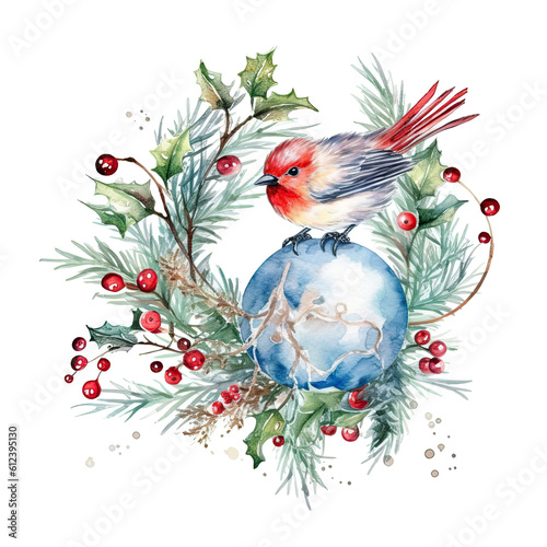 Watercolor Christmas tree toy bird and holly jolly branches. Illustration AI ...
