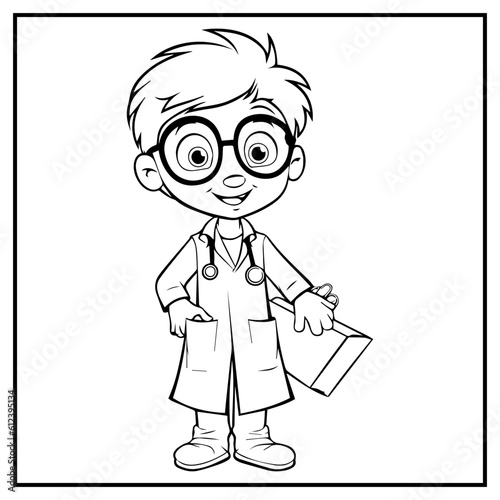 Cute Doctor Coloring Book Page Cartoon Ilustration