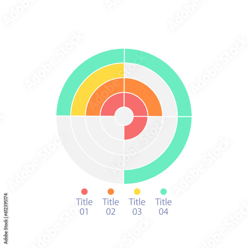 Concentric radial infographic chart design template with four categories. Editable multi level infochart with rings and sectors. Visual data presentation. Myriad Pro-Bold, Regular fonts used