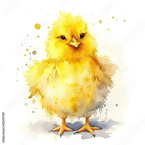Cute watercolor yellow chicken. Illustration AI Generative.